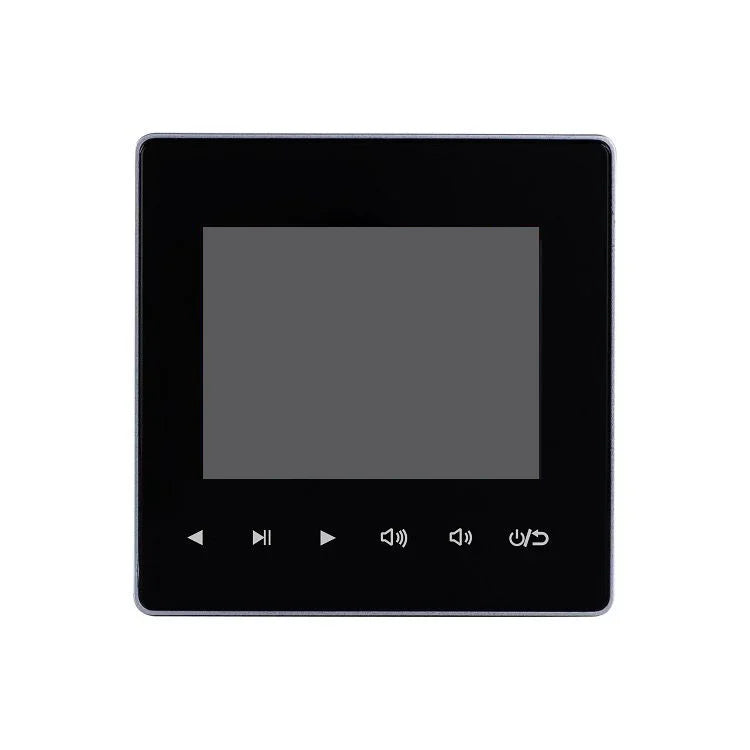 Black square digital audio home amplifier with touchscreen and silver-bordered buttons for home theater sound system