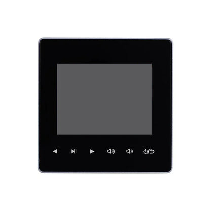 Black square digital audio home amplifier with touchscreen and silver-bordered buttons for home theater sound system