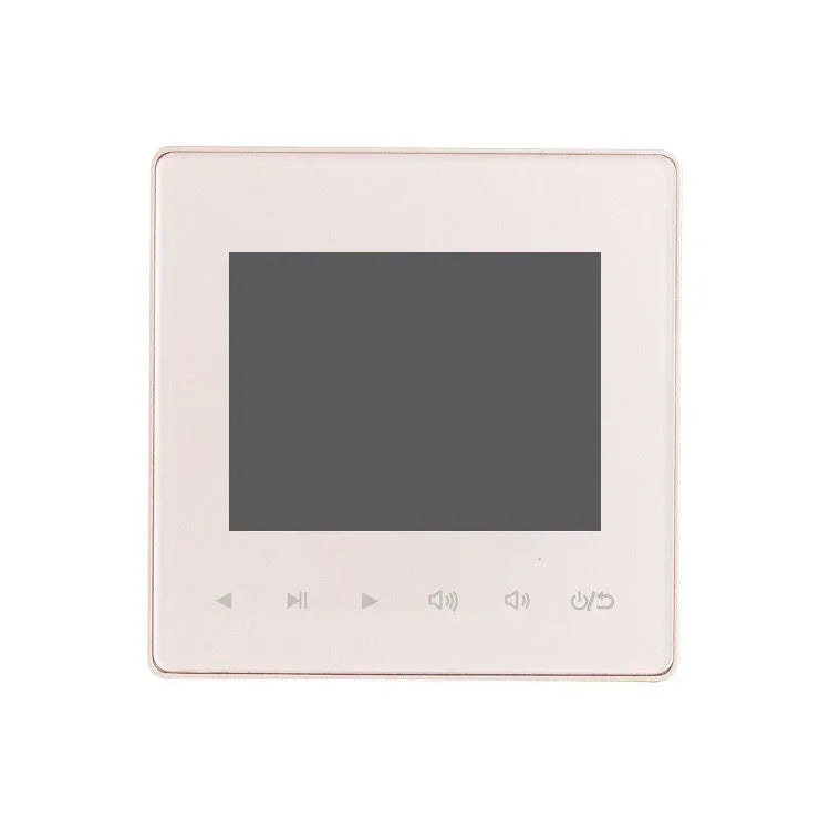 A sleek off-white rectangular audio home amplifier with dark screen and control buttons for home theater sound system