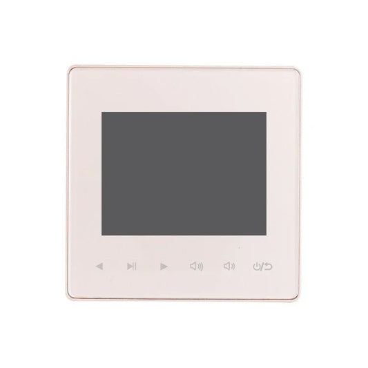 A sleek off-white rectangular audio home amplifier with dark screen and control buttons for home theater sound system