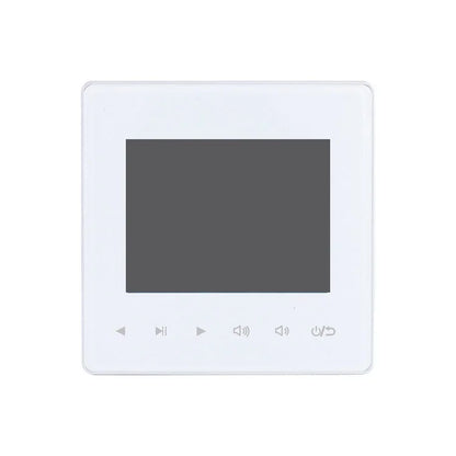 White square digital audio home amplifier with dark screen and silver control buttons for home theater sound system