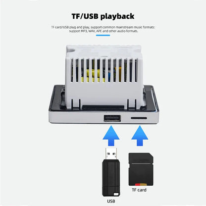 White plastic audio home amplifier with vertical slits and silver base for usb and microsd music player controller use