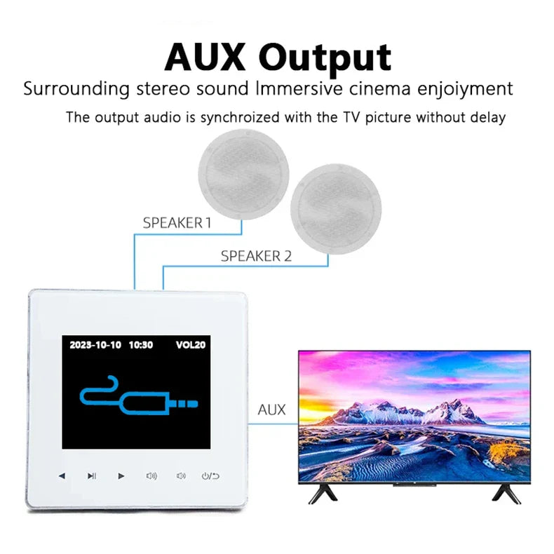 White rectangular audio home amplifier with digital display and aux connected circular speakers for home theater sound