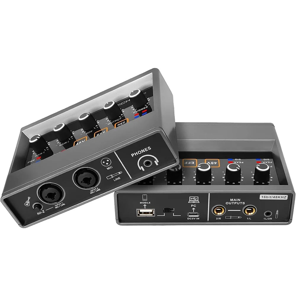 Black and silver audio interface with 48v phantom power and multiple ports for type beat music recording and playback