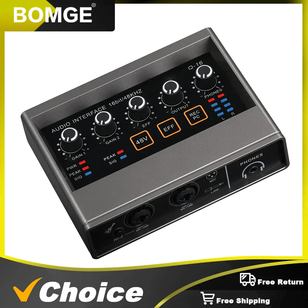 Bomge q-16 16-bit 48khz black silver audio interface with multiple knobs and 48v phantom power for type beat music