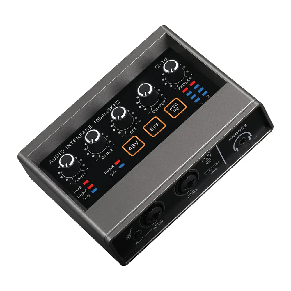 Gray audio interface with black control panel featuring 48v phantom power for type beat music and 16-bit 48kHz USB 2.0 use