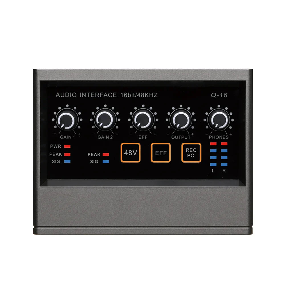 Gray metal audio interface with black panel featuring 48v phantom power and usb 2.0 for type beat music production