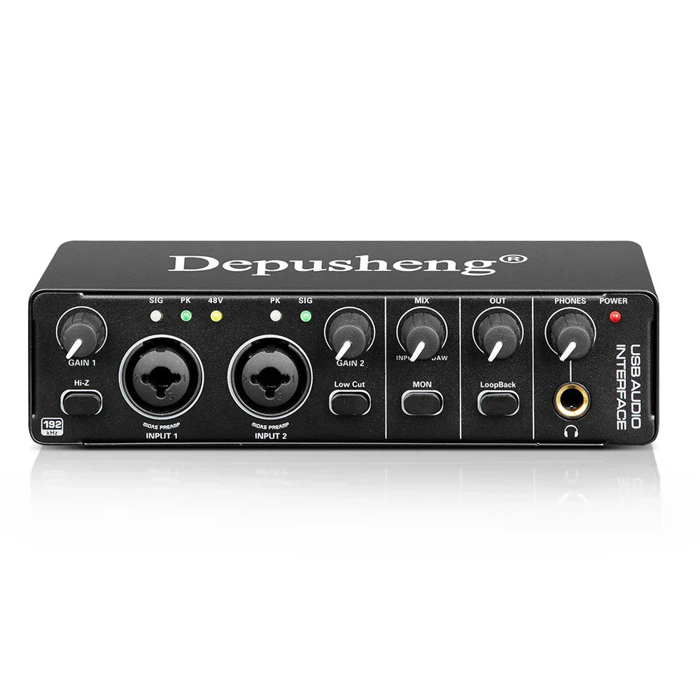 Black depusheng md22 audio interface with two xlr inputs gain knobs and headphone jack for studio recording and maximum input level