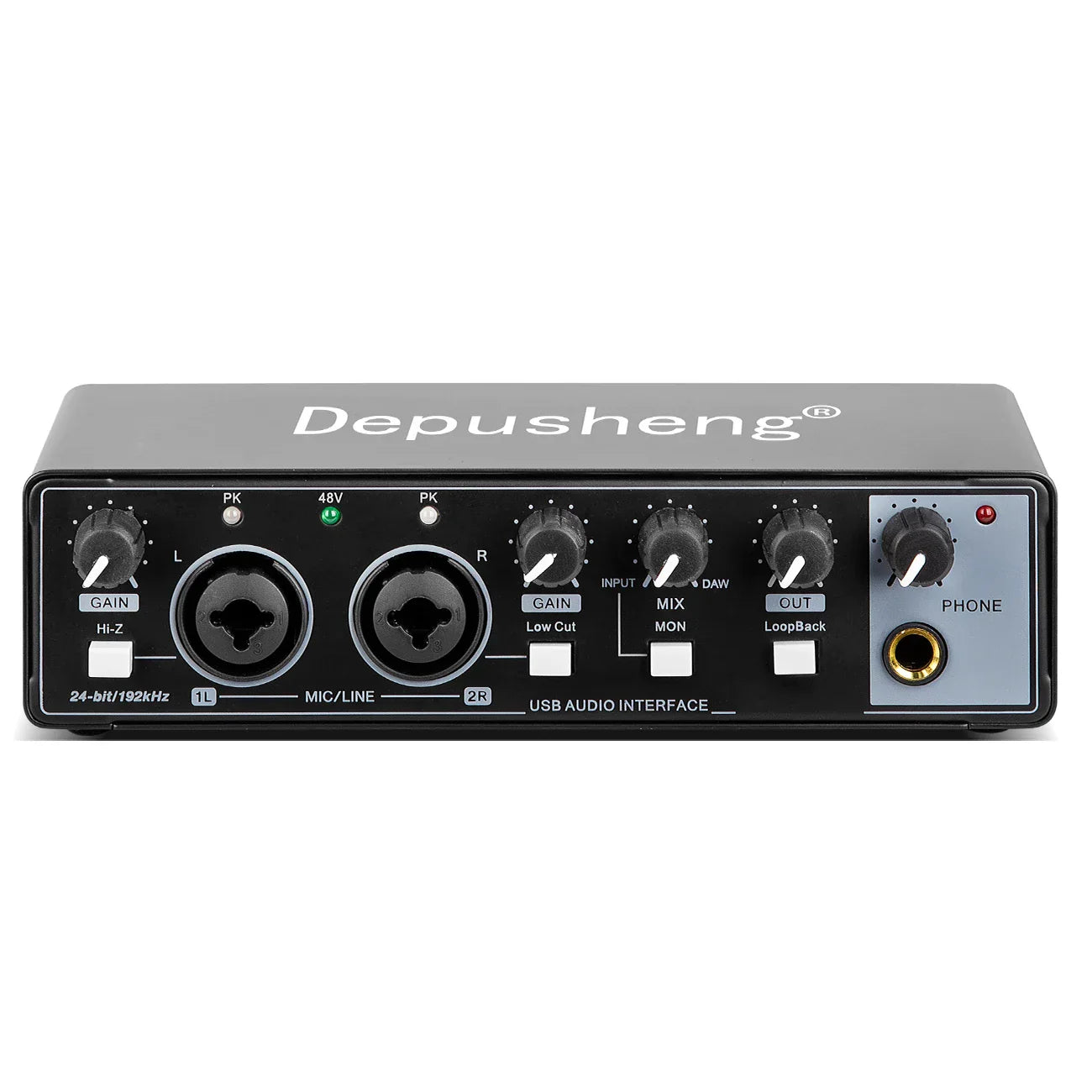 Black depusheng md22 audio interface with silver accents features labeled controls and microphone anti-vibration frame