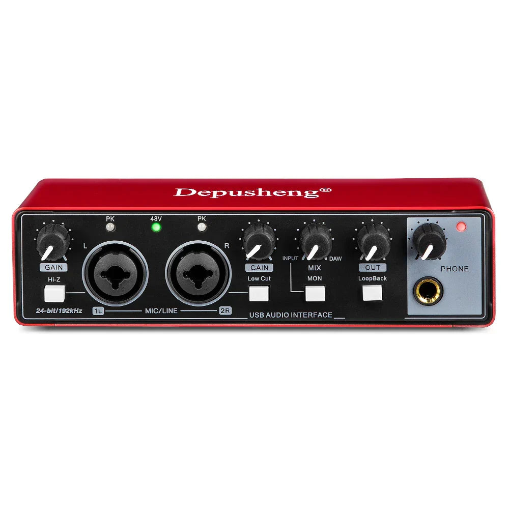 Red depusheng usb audio interface with black control panel and silver accents for studio recording and microphone suspension boom1 use