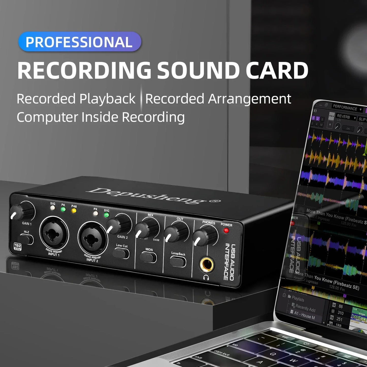 Black depusheng professional audio interface sound card with multiple jacks and knobs for live recording and studio use