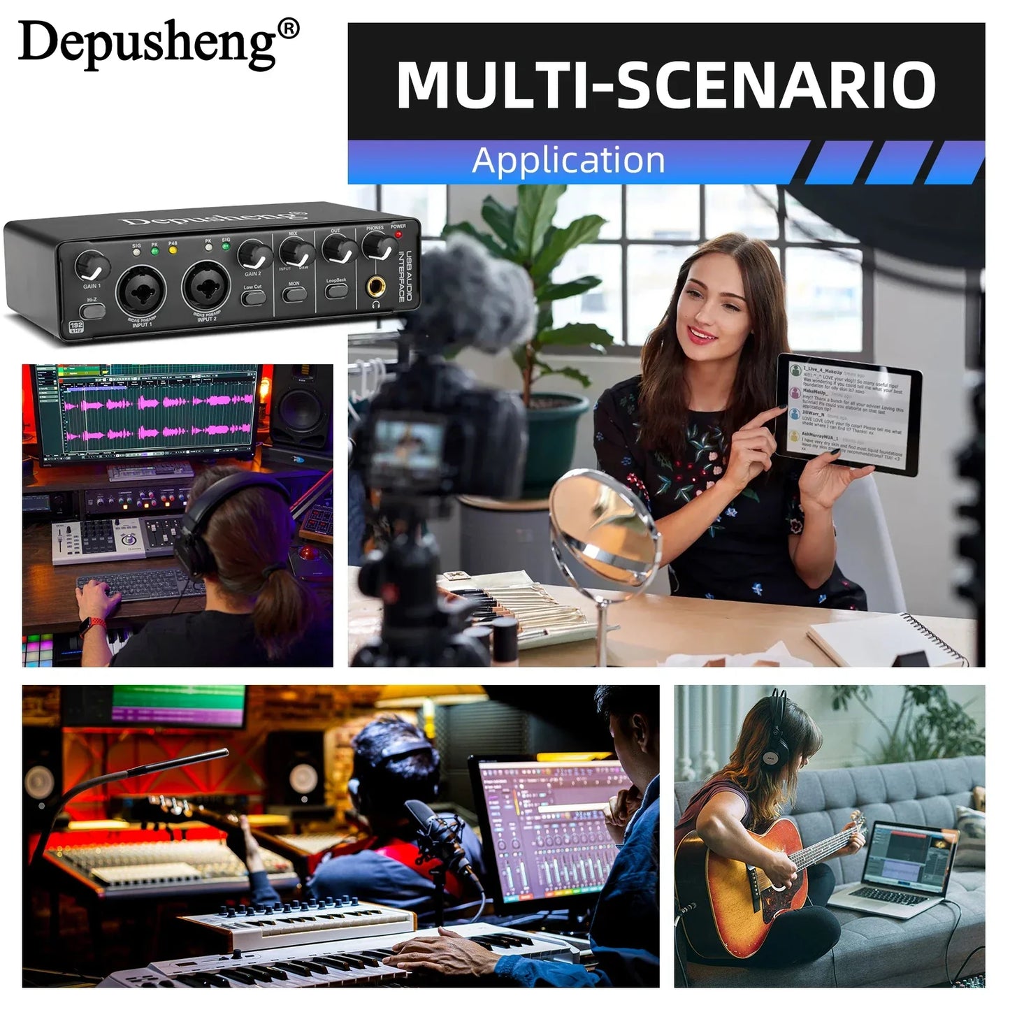 Black depusheng md22 audio interface with multiple ports and knobs for studio recording and microphone anti-vibration frame