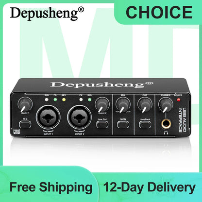 Black depusheng md22 audio interface with two xlr inputs, gain controls, and headphone jack for studio recording use