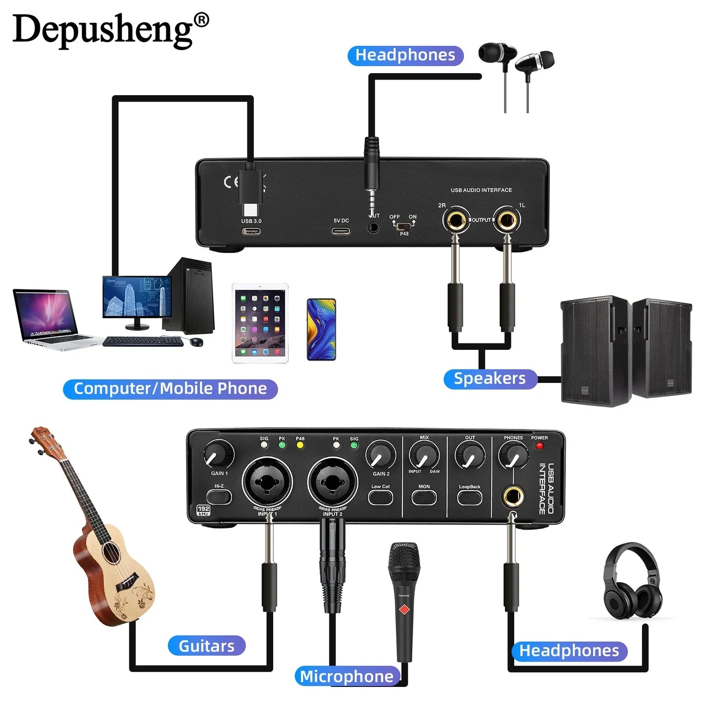Black depusheng md22 professional usb audio interface with multiple ports knobs maximum input level and microphone anti-vibration frame
