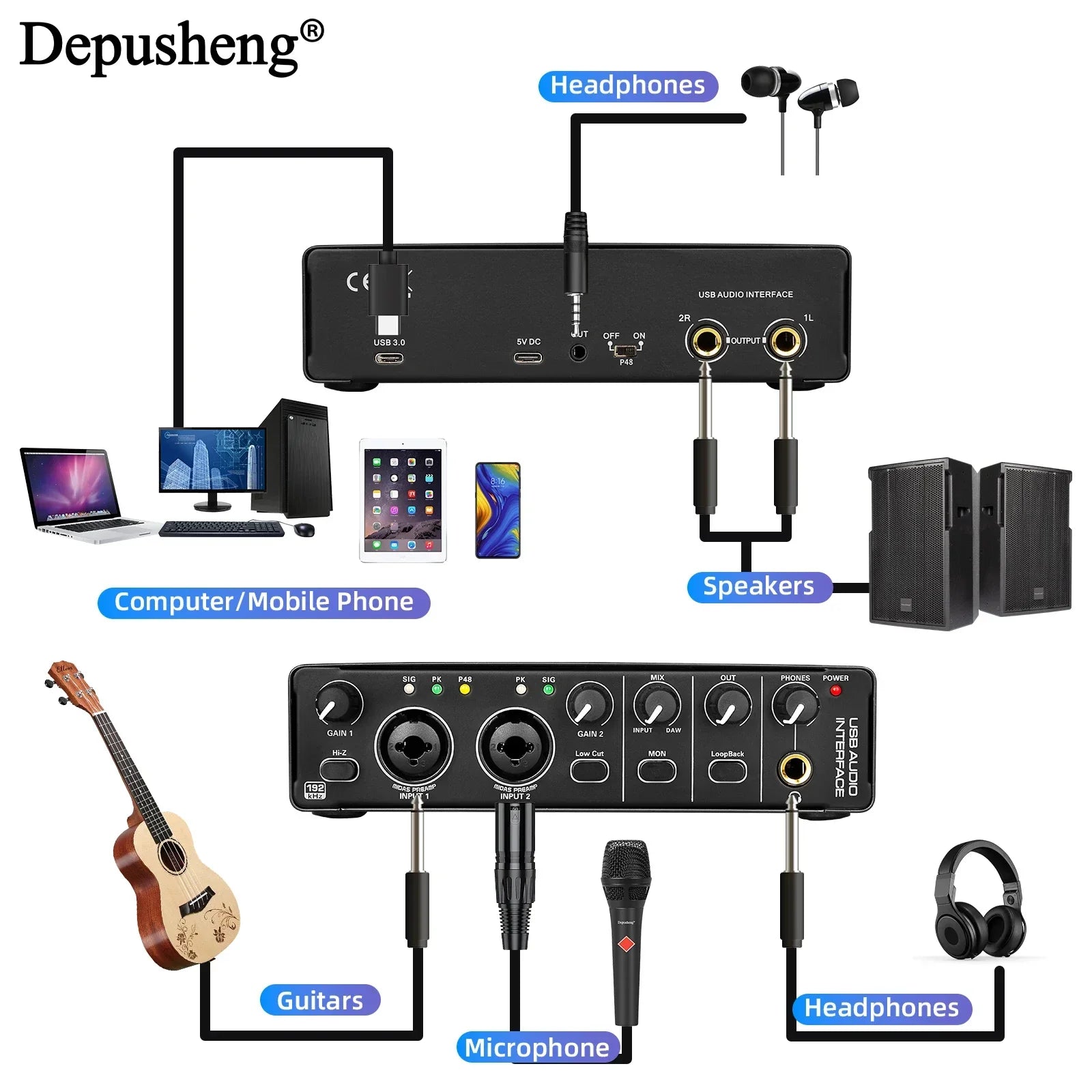 Black depusheng md22 professional usb audio interface with multiple ports knobs maximum input level and microphone anti-vibration frame