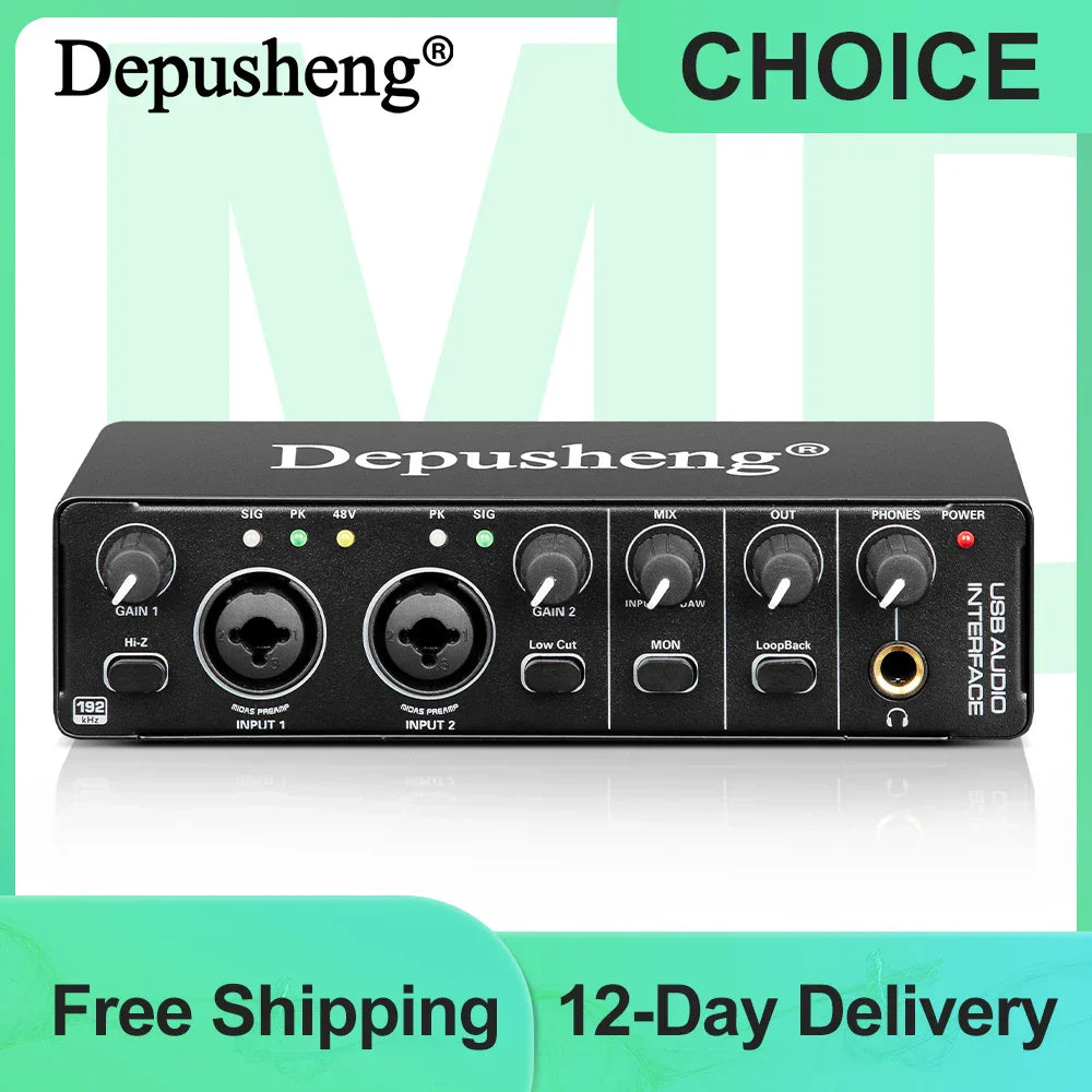 Black depusheng md22 audio interface with two xlr inputs gain controls headphone jack for studio singing and electric guitar recording