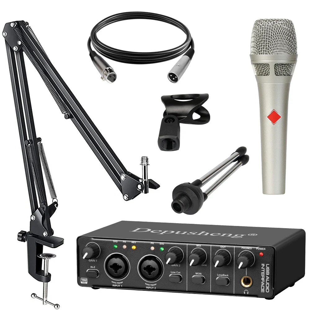 Silver condenser microphone with red diamond logo featuring a microphone anti-vibration frame for studio audio interface use