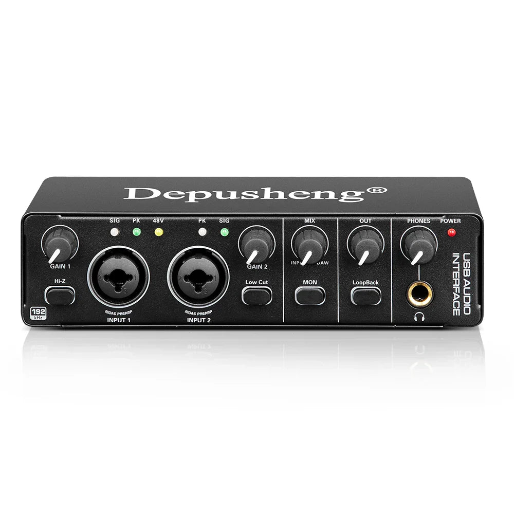 Black depusheng md22 usb audio interface with phantom power two xlr inputs gain knobs for electric guitar live and studio singing micro