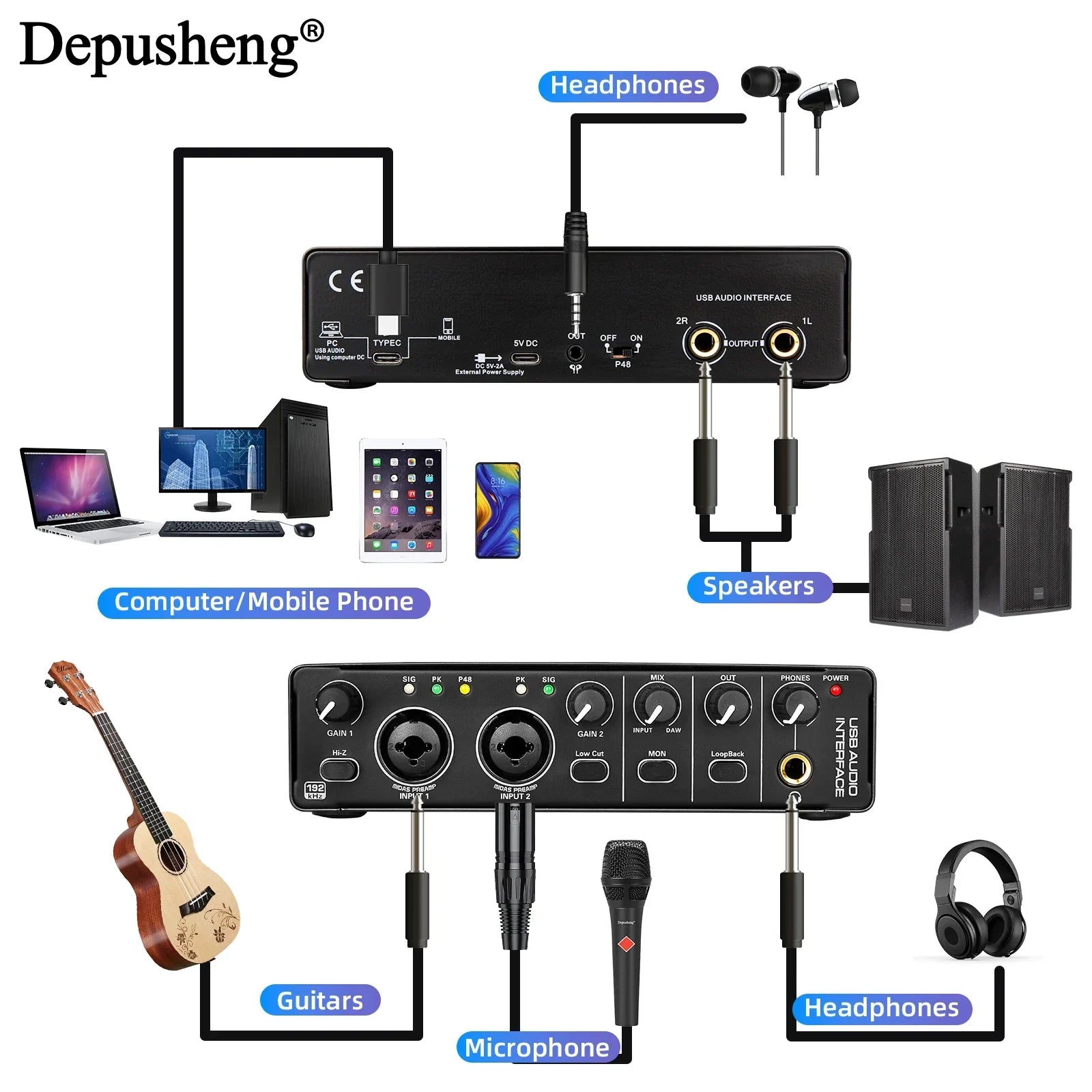 Black depusheng md22 usb 3.0 audio interface with phantom power and multiple jacks for electric guitar live and studio singing micro