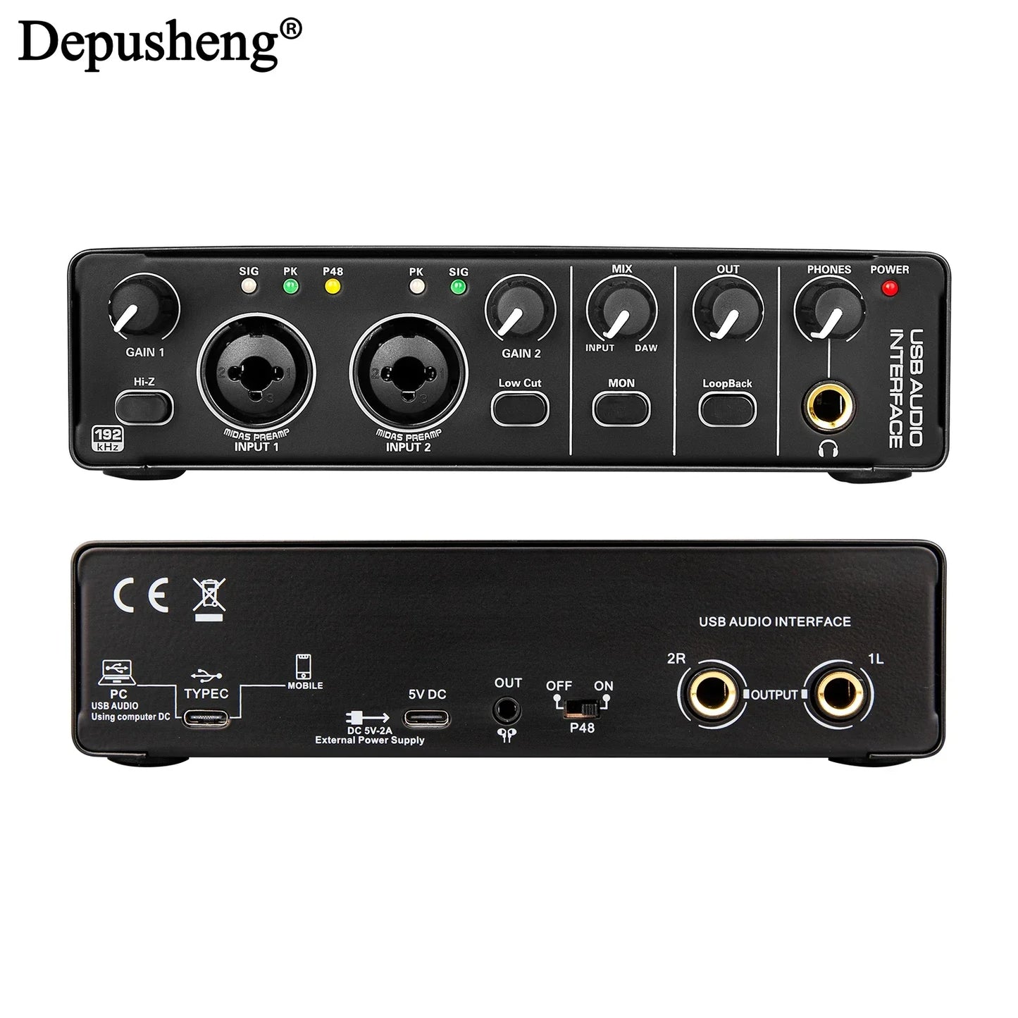 Black depusheng md22 usb audio interface with phantom power two xlr inputs for electric guitar live and studio singing micro