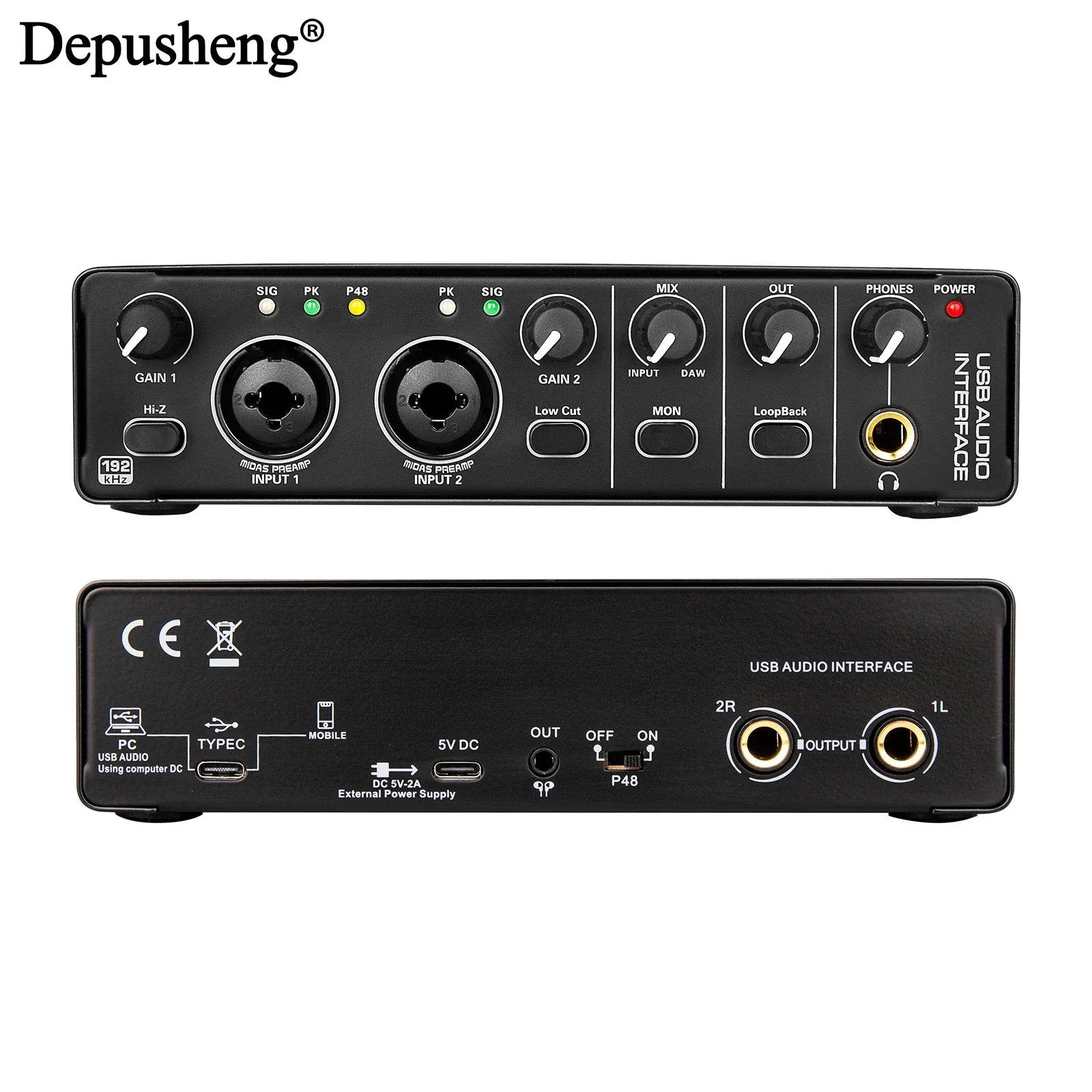 Black depusheng md22 usb audio interface with phantom power two xlr inputs for electric guitar live and studio singing micro