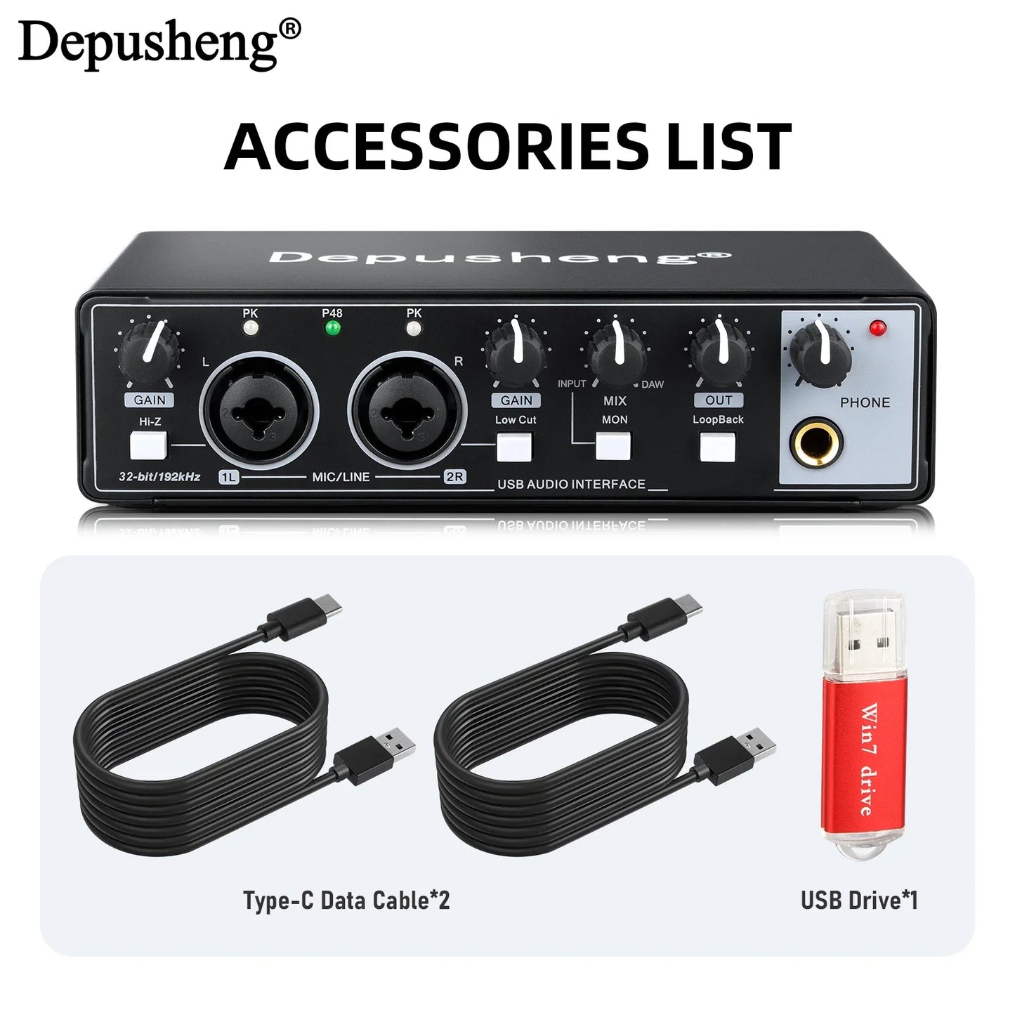 Black depusheng md22 usb 3.0 audio interface with two xlr inputs gain controls phantom power for studio singing micro and electric guitar live recording