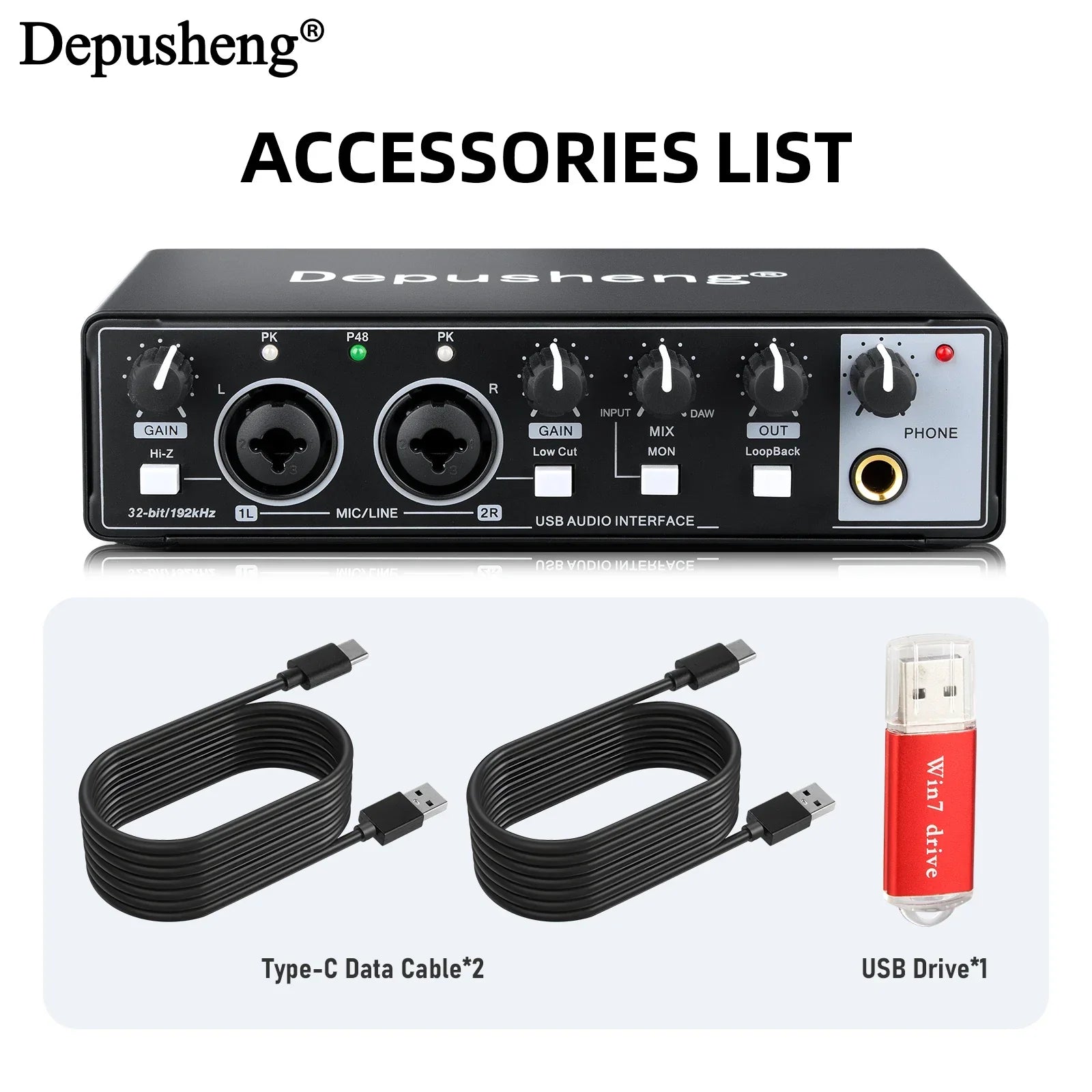 Black depusheng md22 usb 3.0 audio interface with two xlr inputs gain controls phantom power for studio singing micro and electric guitar live recording