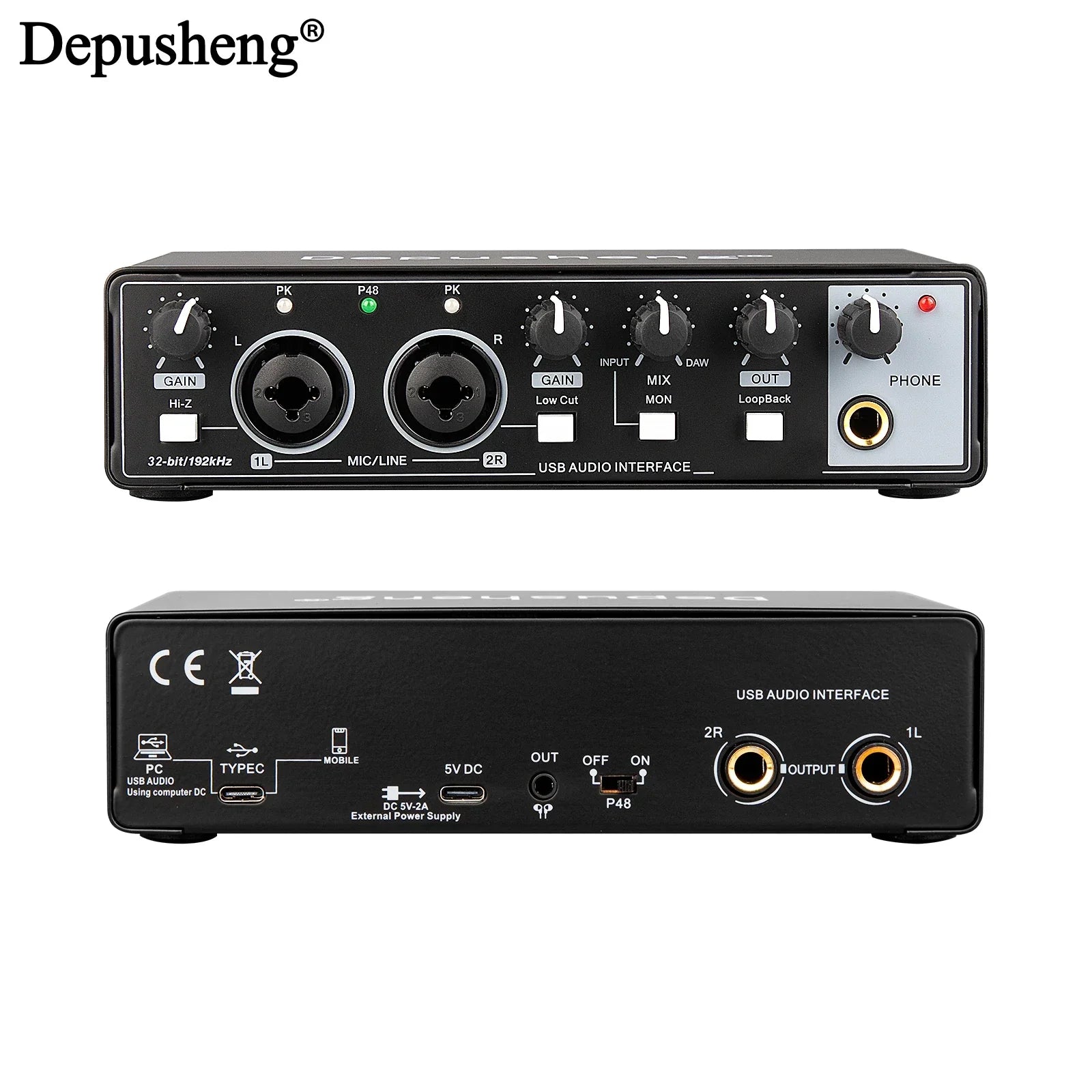 Black depusheng md22 usb 3.0 audio interface with phantom power and multiple ports for electric guitar live and studio singing micro