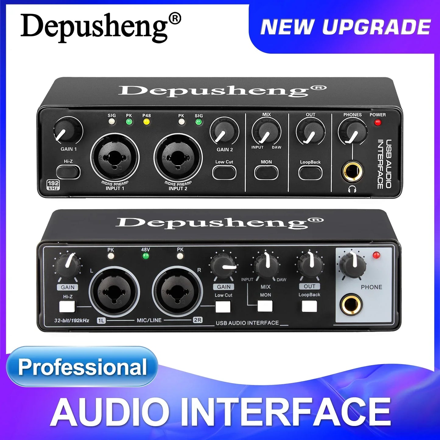 Black depusheng md22 usb 3.0 audio interface with phantom power and dual inputs for electric guitar live studio singing micro