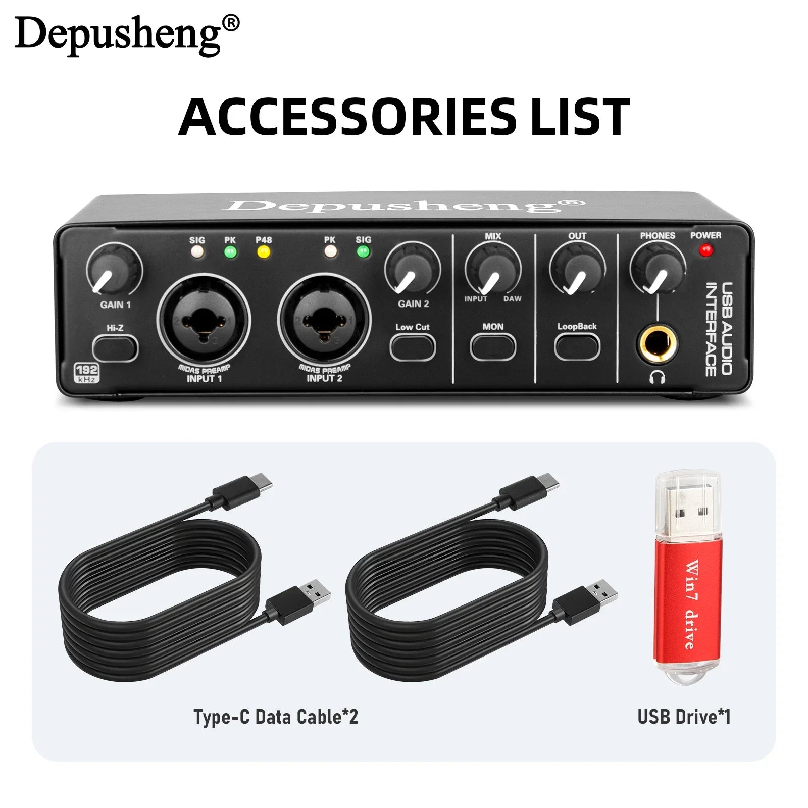Black depusheng md22 usb audio interface with two xlr inputs, gain knobs, red power button, phantom power for studio singing micro and electric guitar live recording