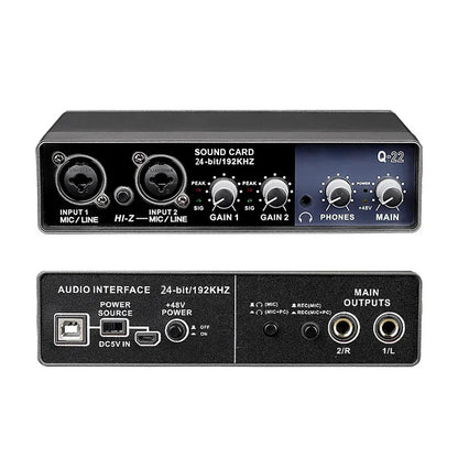 Black q-22 audio interface mixer with 24-bit 192khz resolution, two xlr inputs, and dual gain controls for studio recording