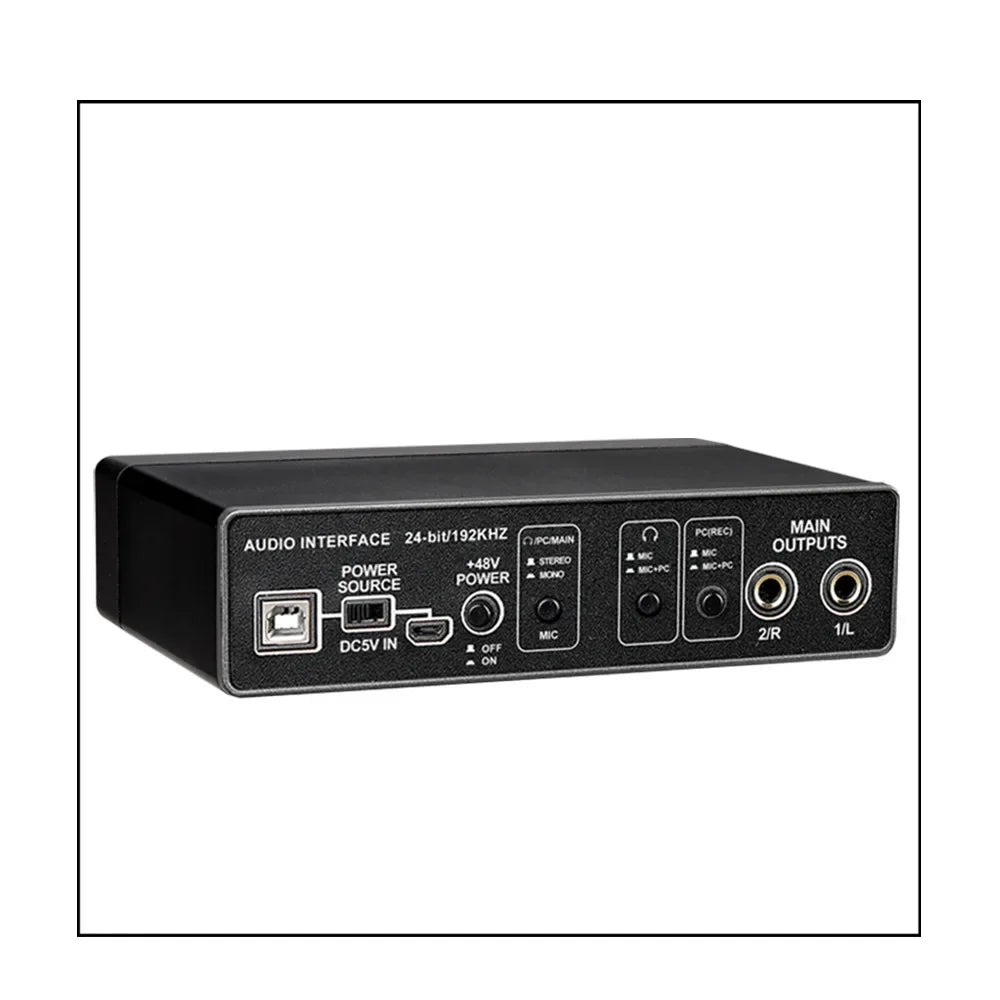 Black rectangular audio interface mixer with labeled ports and controls for computer microphone and speaker connections back view