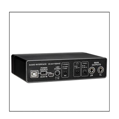Black rectangular audio interface mixer with labeled ports and controls for computer microphone and speaker connections back view
