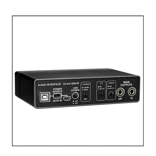 Black rectangular audio interface mixer with labeled ports and controls for computer microphone and speaker connections back view