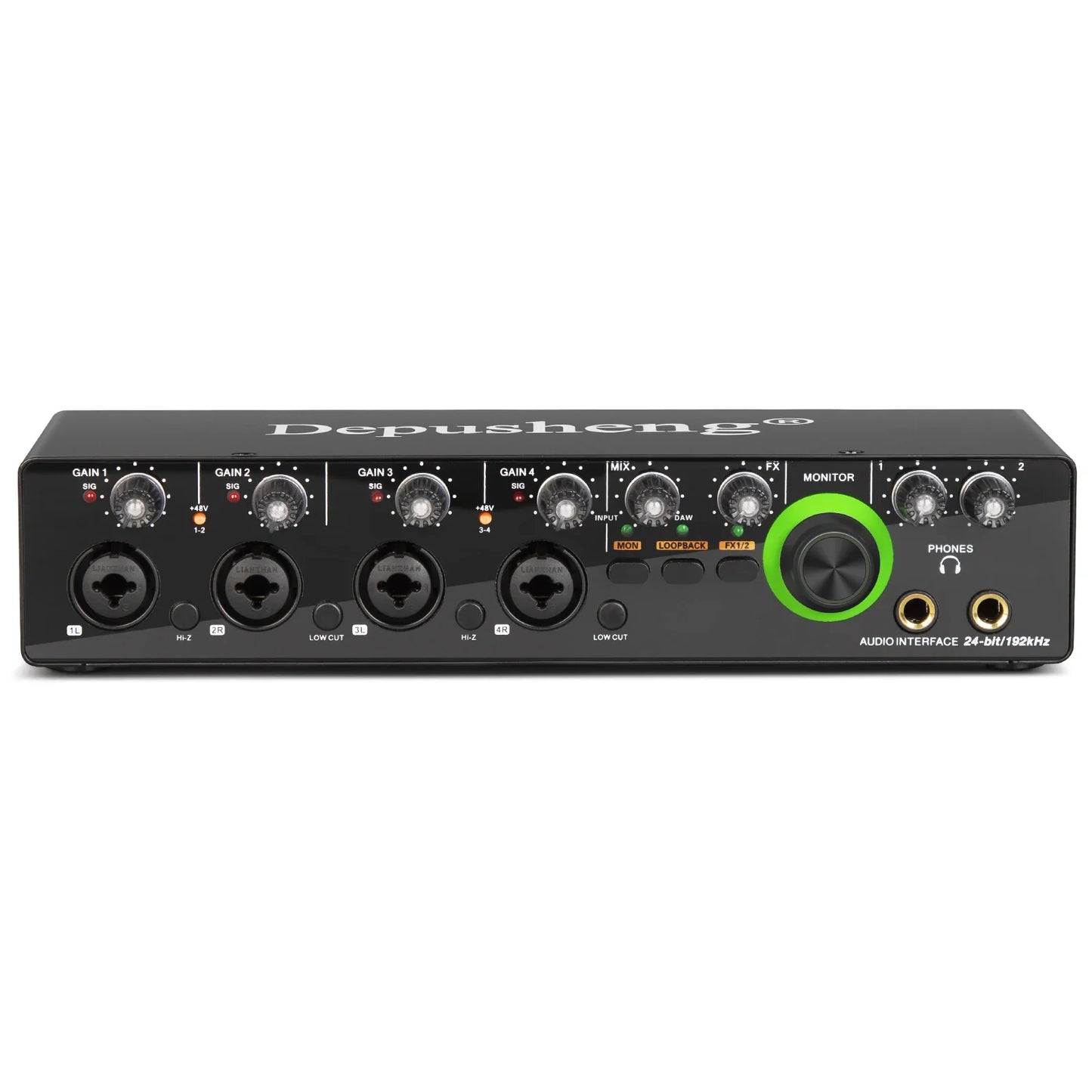 Black depusheng rx4 sound card ad converter audio interface with green monitor knob and multiple ports for live recording