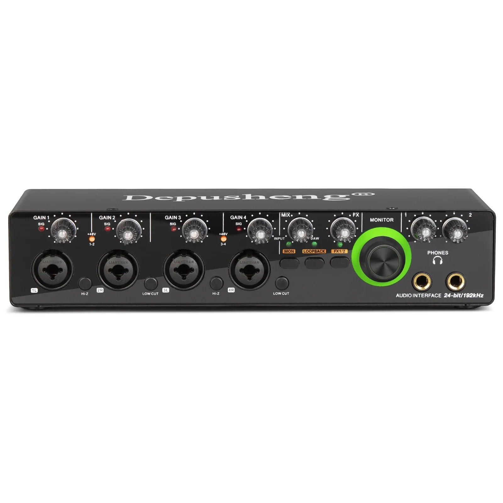 Black depusheng rx4 sound card ad converter audio interface with green monitor knob and multiple ports for live recording