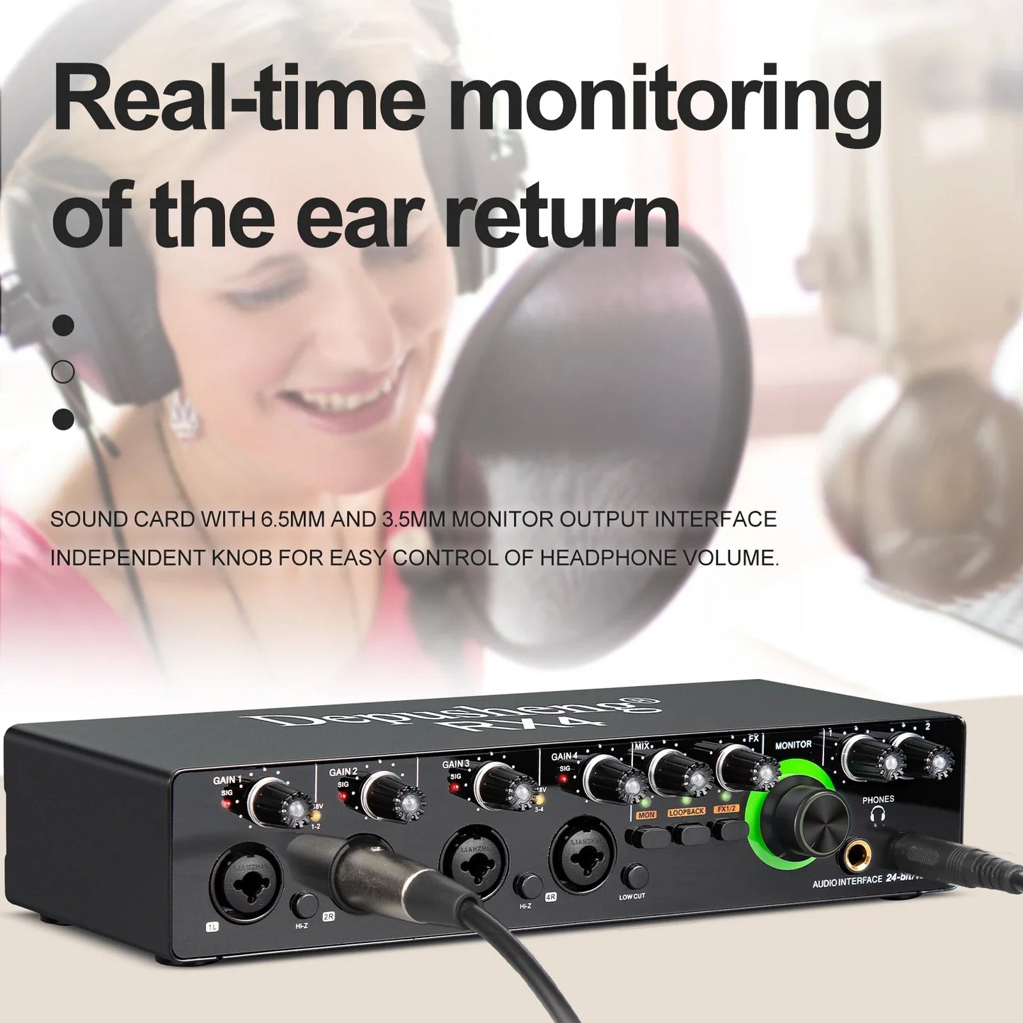 Black depusheng rx4 sound card ad converter with multiple ports and green-lit headphone knob for live recording