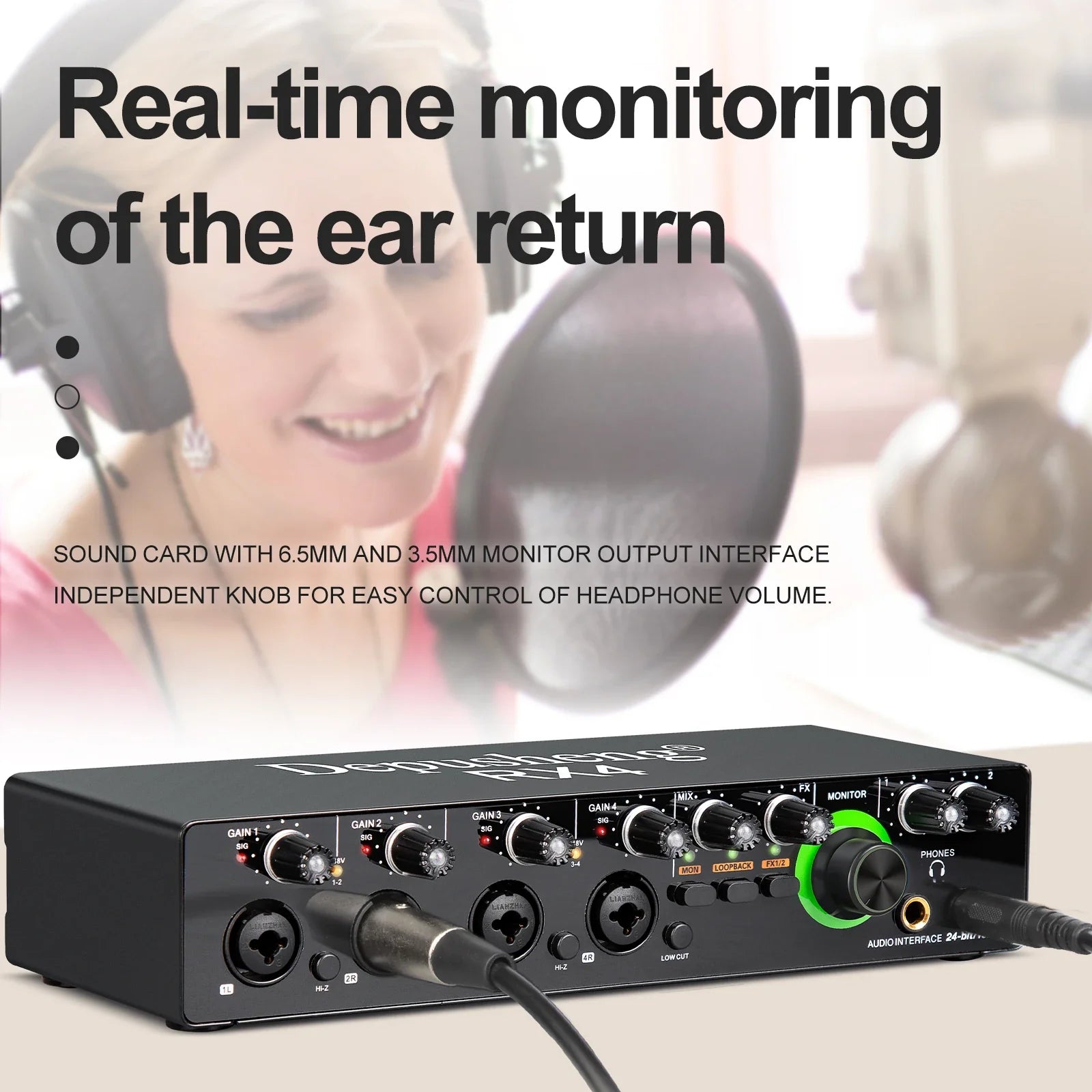 Black depusheng rx4 sound card ad converter with multiple ports and green-lit headphone knob for live recording