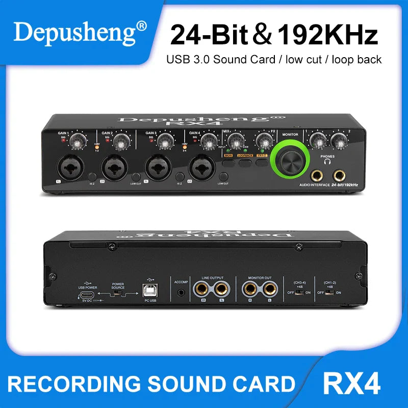Black depusheng rx4 sound card ad converter with green monitor knob and multiple ports for live recording use