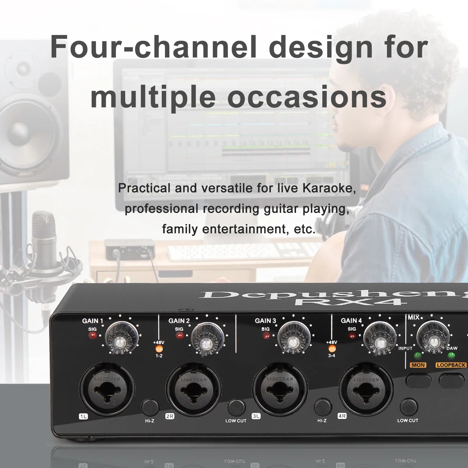 Black depusheng rx24 four-channel audio interface with silver knobs and labeled input output ports for live recording and card ad converter