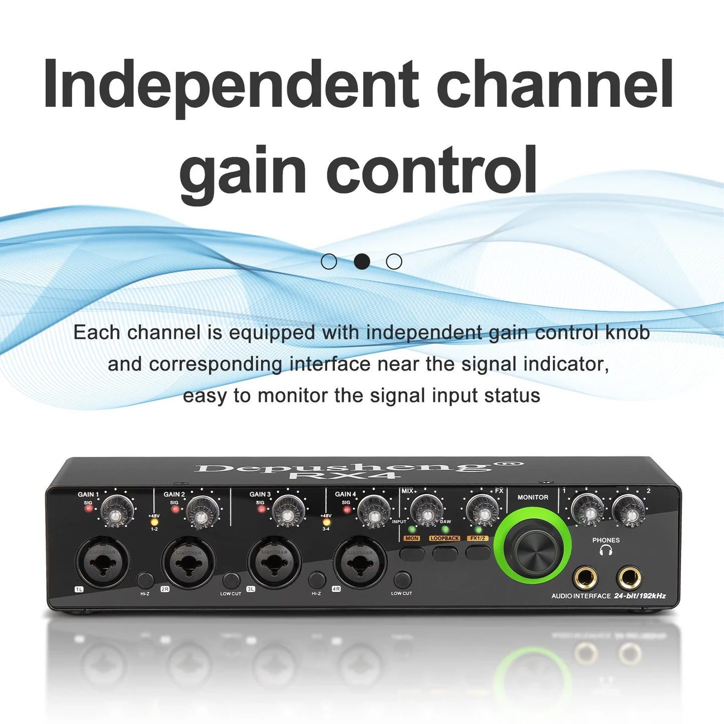 Black depusheng rx4 sound card ad converter with multiple gain knobs and green monitor knob for live recording