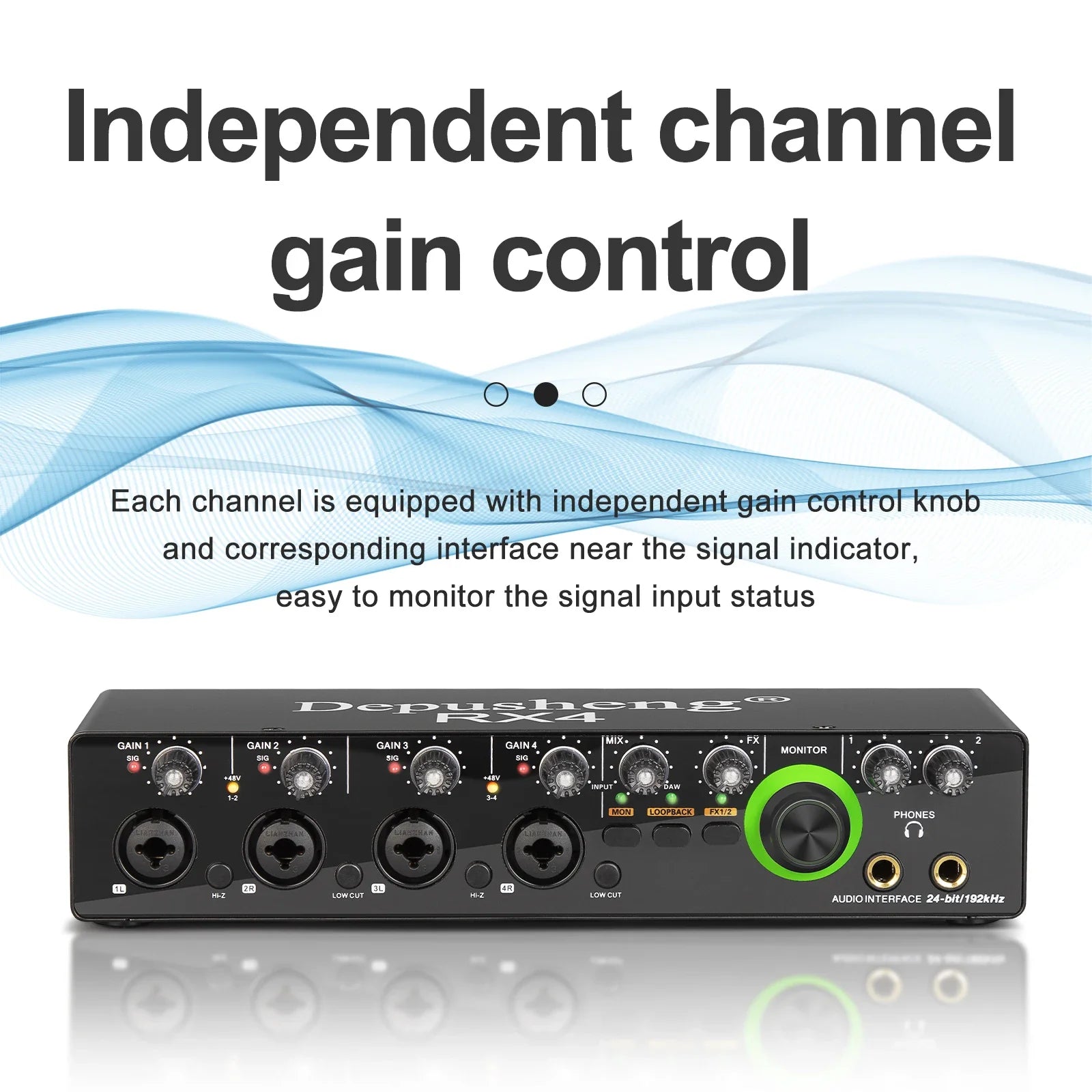 Black depusheng rx4 sound card ad converter with multiple gain knobs and green monitor knob for live recording