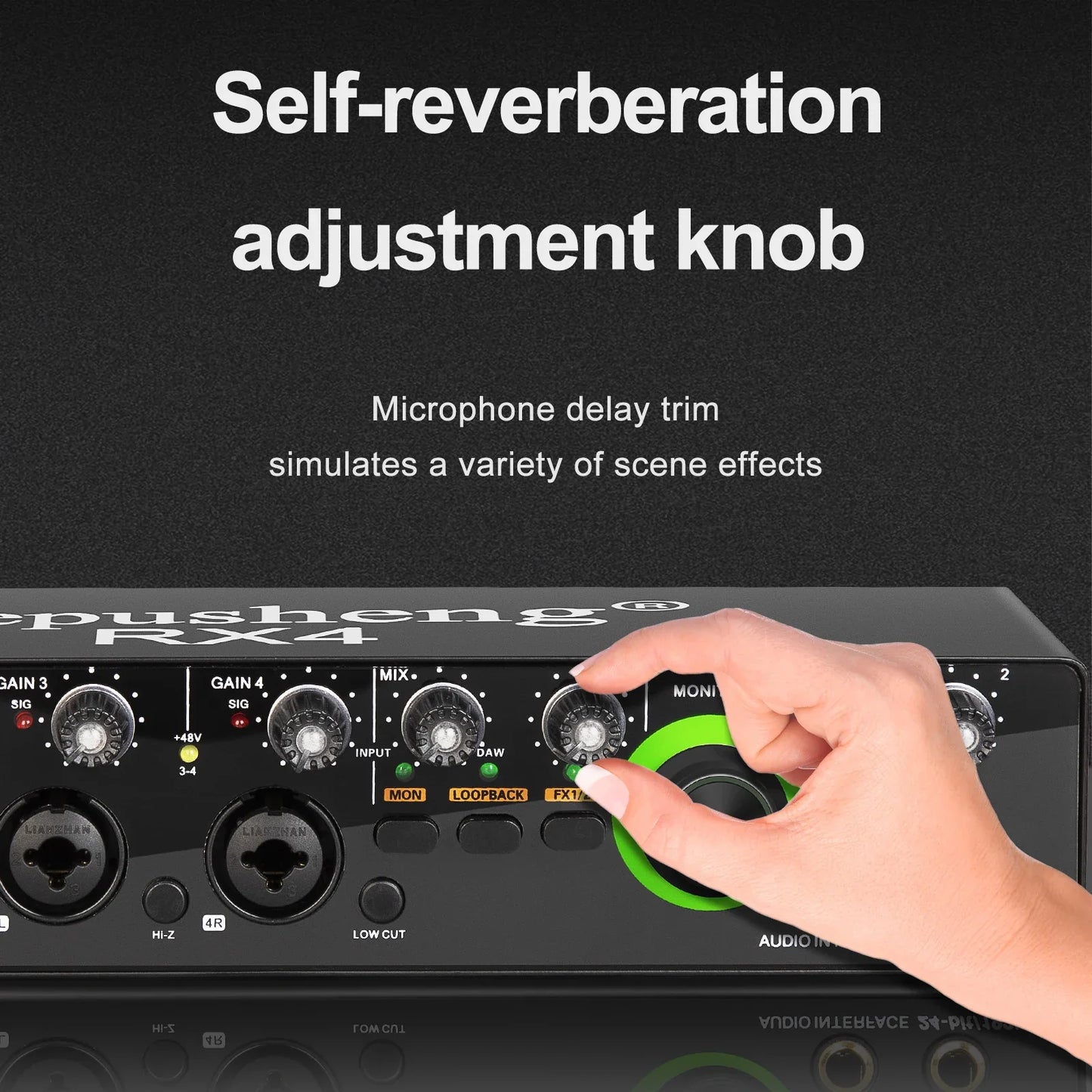 Black depusheng rx4 sound card ad converter with green self-reverberation knob for live recording control