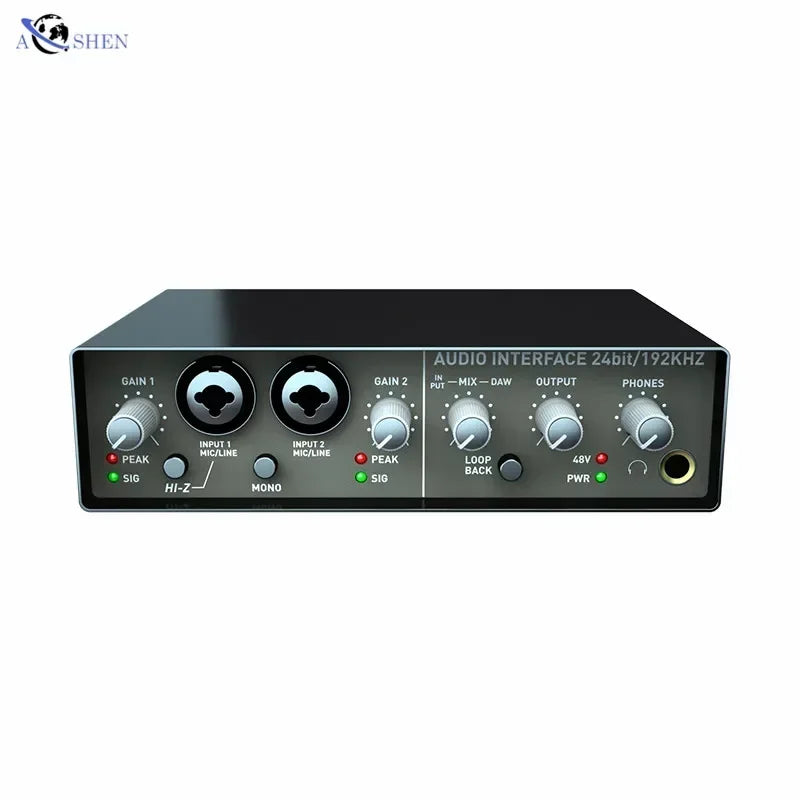 Black aoshen audio interface recording studio usb external sound card with silver knobs and labeled ports for guitar recording