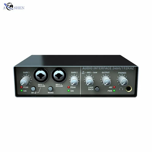Black aoshen audio interface recording studio usb external sound card with silver knobs and labeled ports for guitar recording
