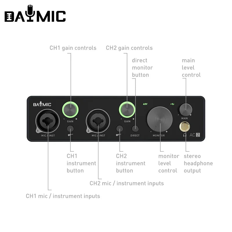 Black daumic audio interface with green-lit gain controls and central monitor knob for recording studio usb use
