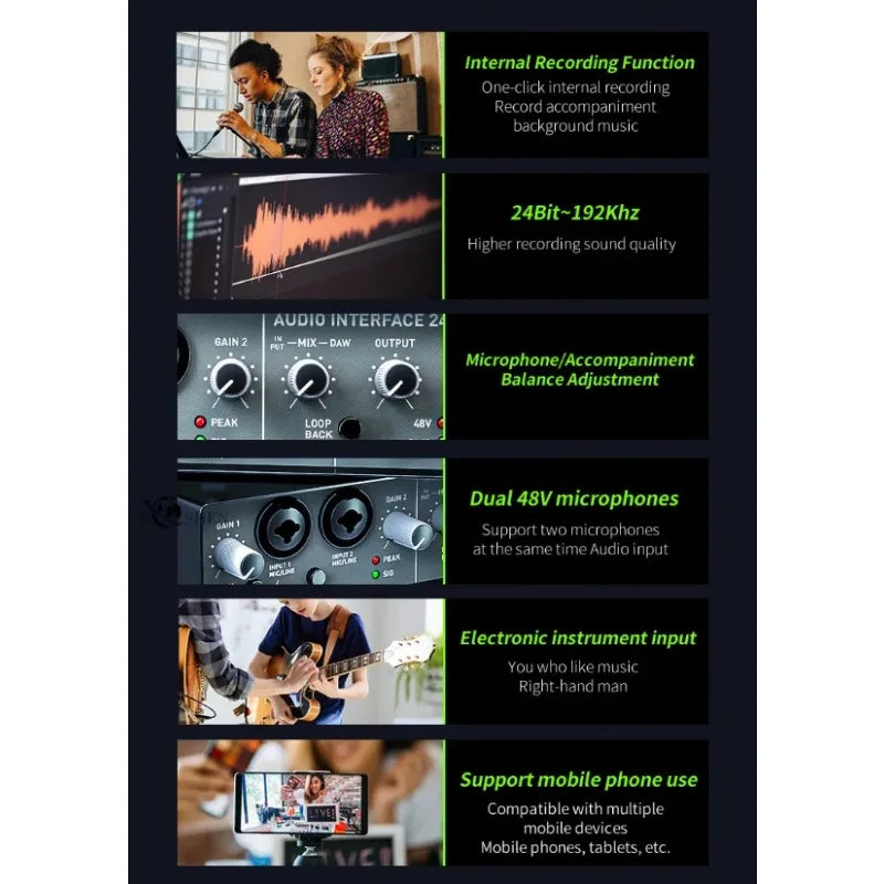 Black audio interface recording studio usb with knobs and input jacks external sound card for guitar and microphone use