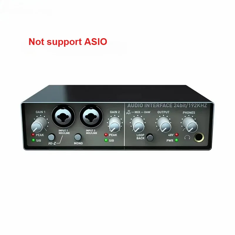 Black audio interface recording studio usb external sound card with silver knobs and labeled ports for microphone and headphones