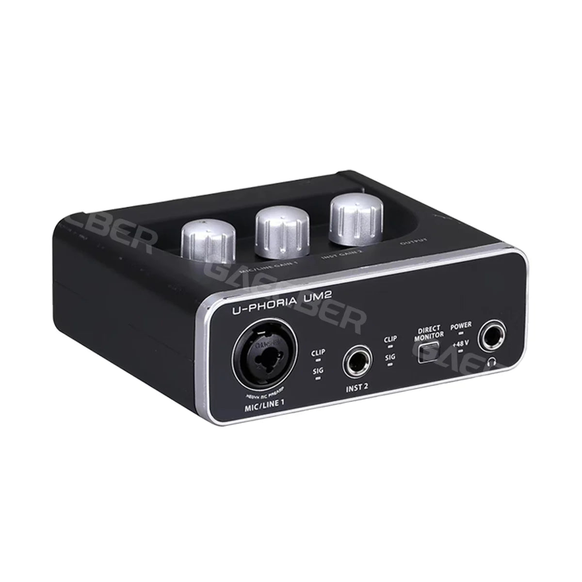 Black u-phoria um2 audio interface with silver knobs and metallic trim for monitoring electric guitar and guitar live recording
