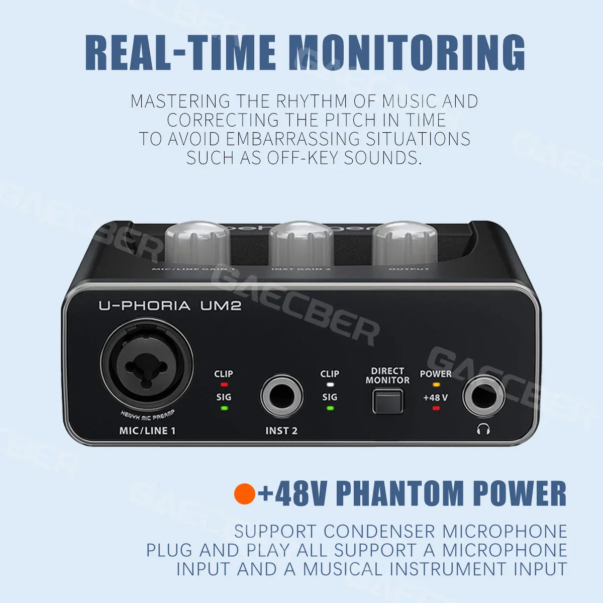 Black u-phoria um2 audio interface with silver knobs and input jacks for monitoring electric guitar and guitar live recording